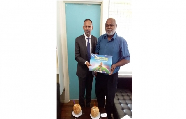Indian High Commissioner Vijai Kumar meets Solomon Islands National University Vice Chancellor Ganesh Chand in Honiara on 27 March 2019 to discuss, among others, cooperation in Education, Sports and promotion of Ayurveda and Yoga in Solomon Islands and Solar Electrification of the University Campus.