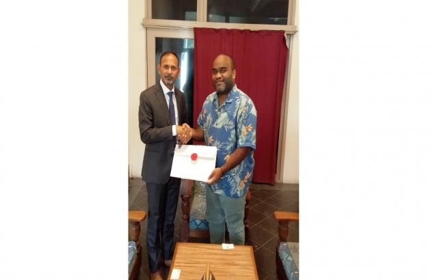 Indian High Commissioner Vijai Kumar meets Solomon Islands Chief of Protocol Kereta Sanga in Honiara on 27 March 2019 to hand over copies of his Credentials documents.