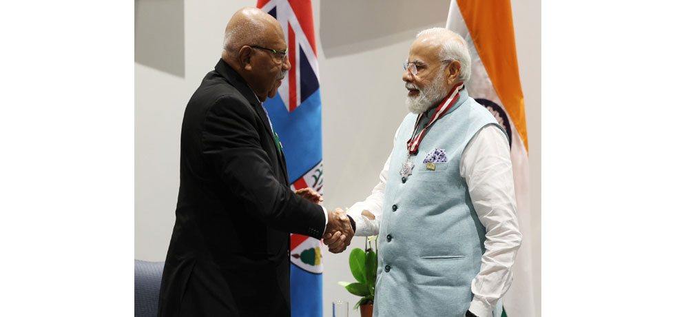 Prime Minister Shri Narendra Modi conferred the highest honour of Fiji, the Companion of the Order of Fiji. It was presented to him by Fiji PM H.E. Sitiveni Rabuka.
